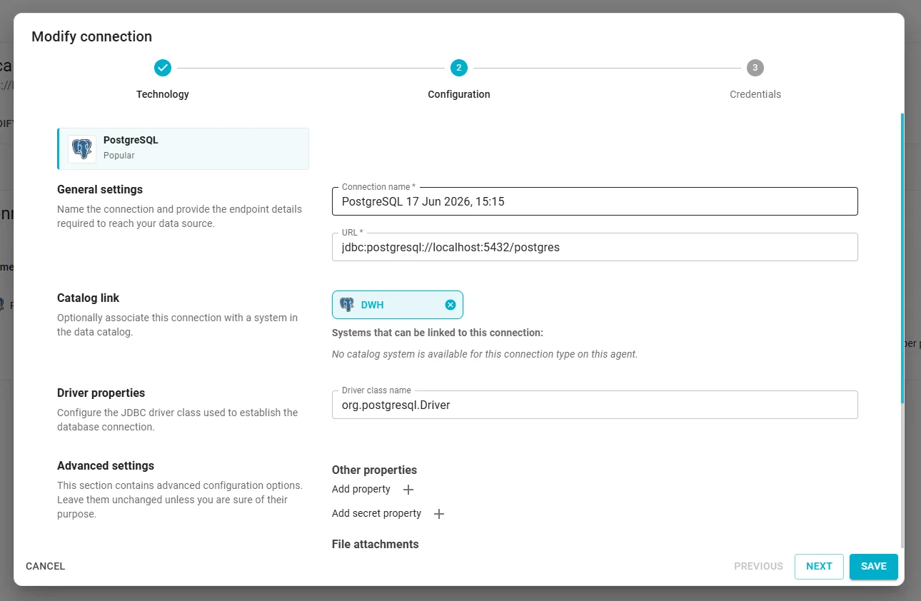 Connection wizard — Configuration step