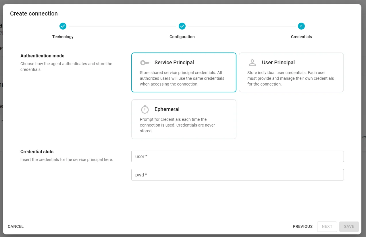 Connection wizard — Credentials step