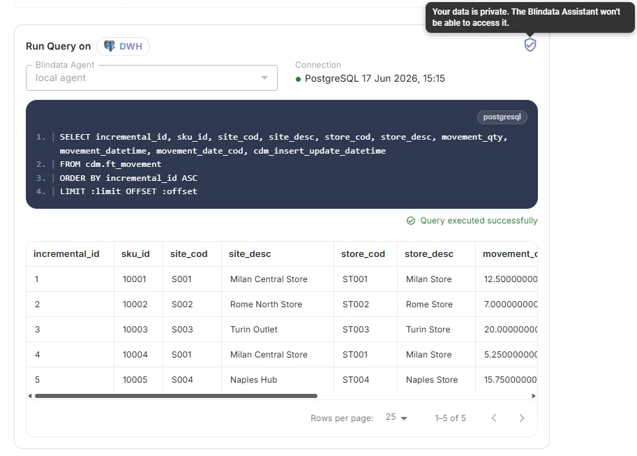 Query results table with data privacy indicator