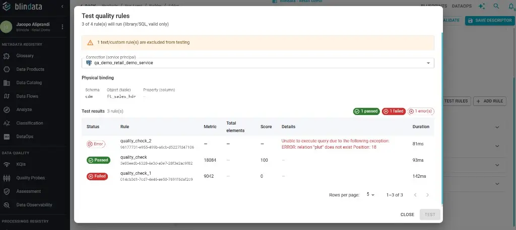 Test quality rules in the Data Product Builder