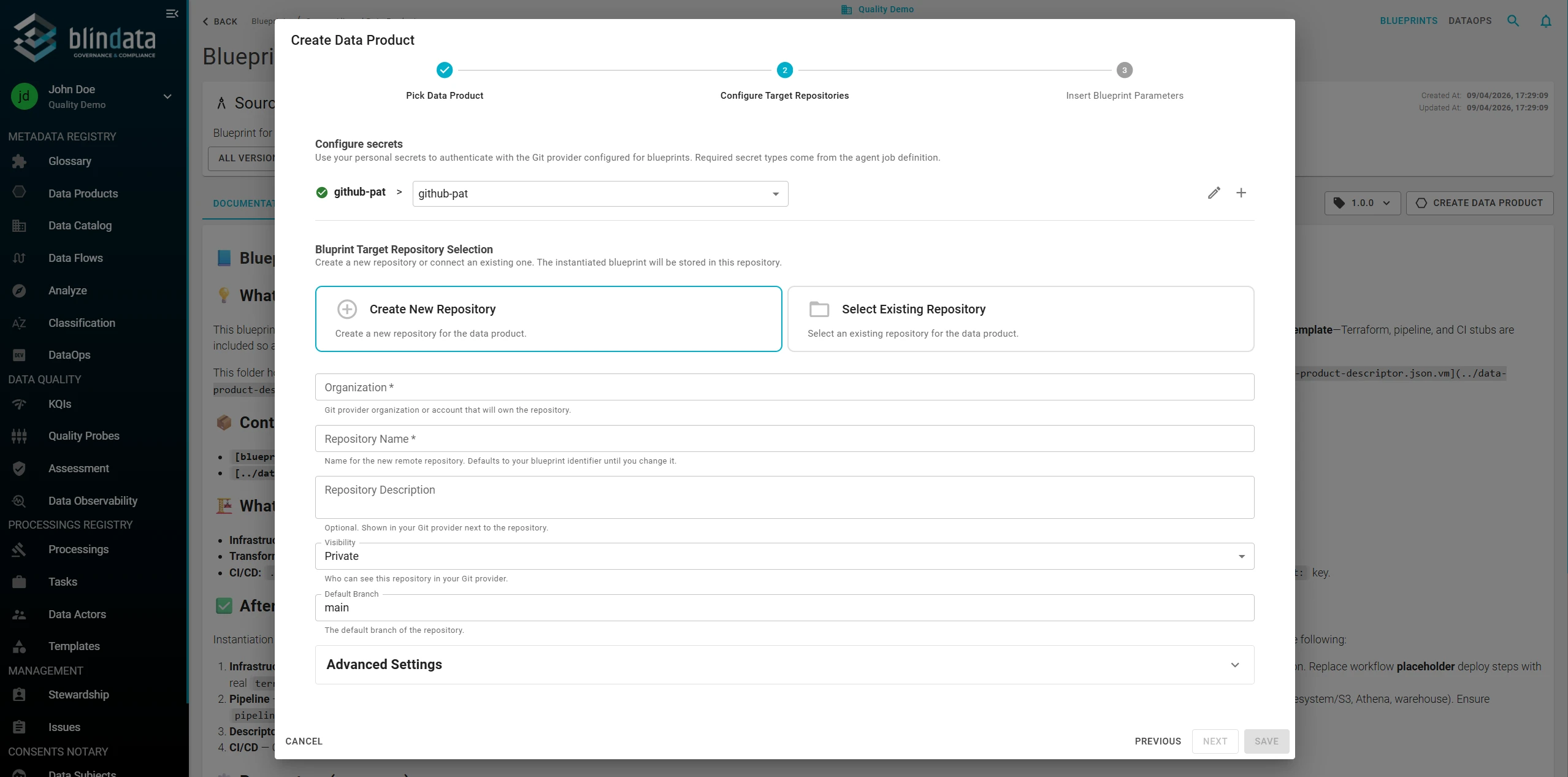 Configure the target repository for a blueprint