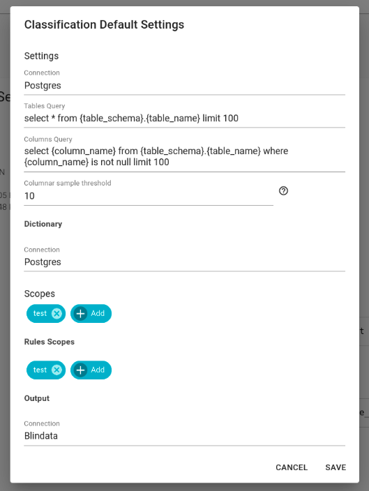 Classification task settings modal