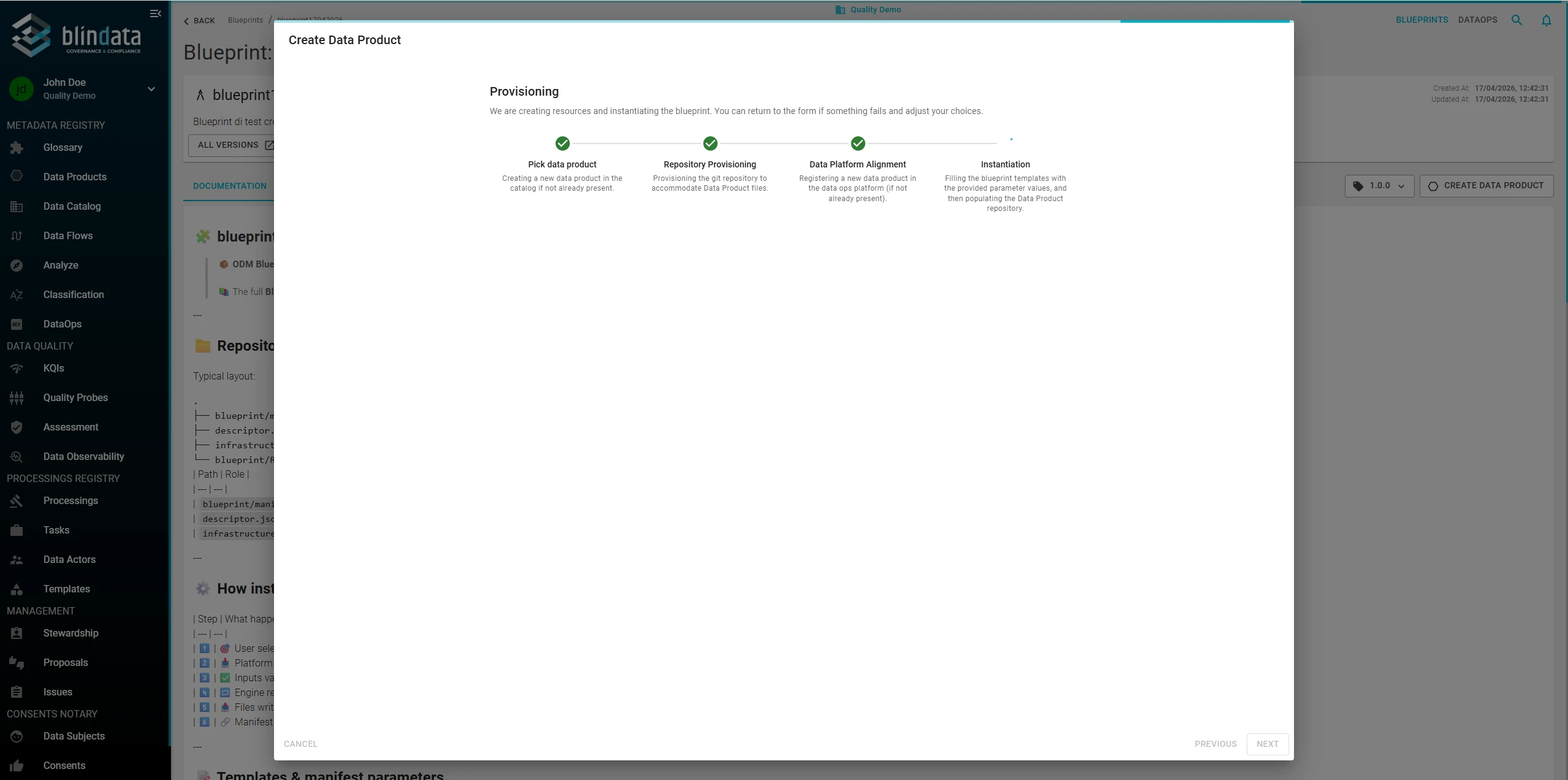 Create Data Product – provisioning progress