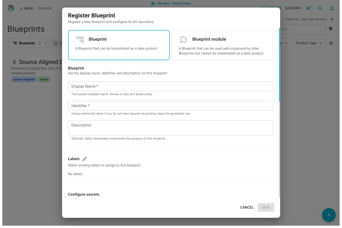 Register Blueprint dialog with type choice and the Labels field