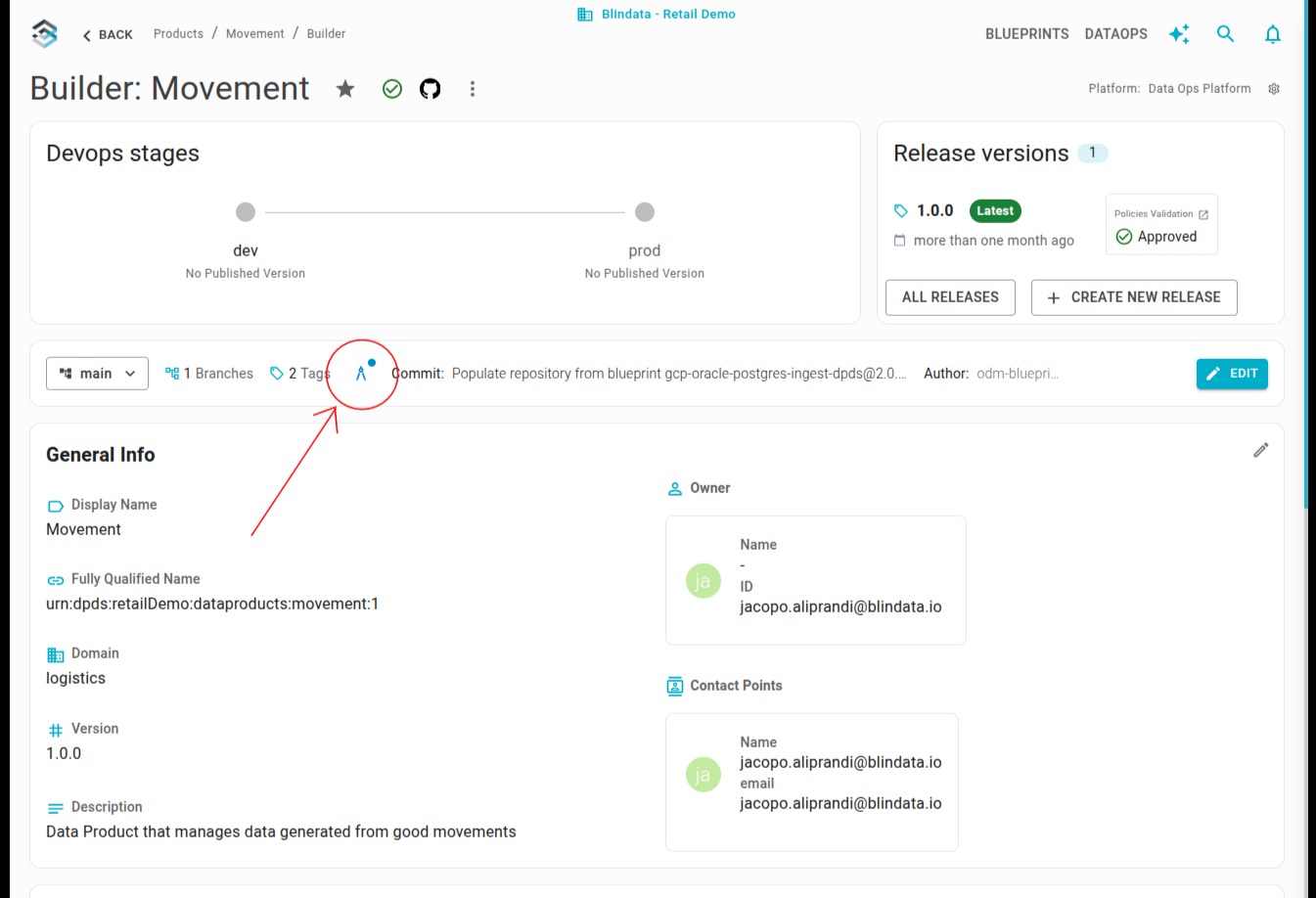 Blueprint icon in the Data Product Builder git bar
