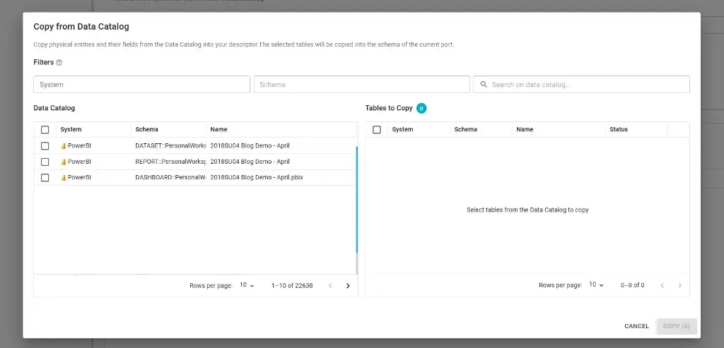 Copy from Data Catalog dialog