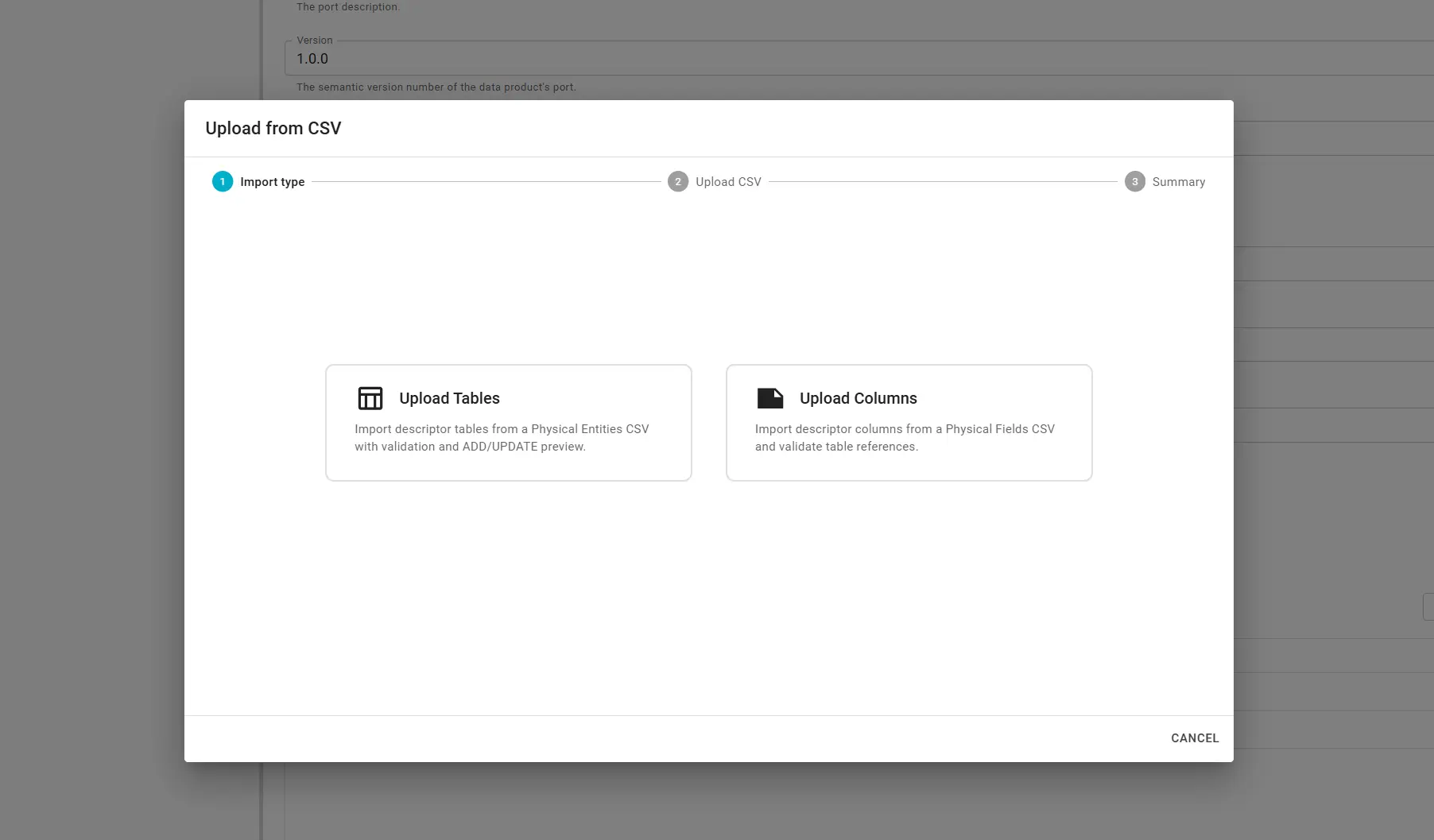 Upload from CSV — Import type (Tables vs Columns)