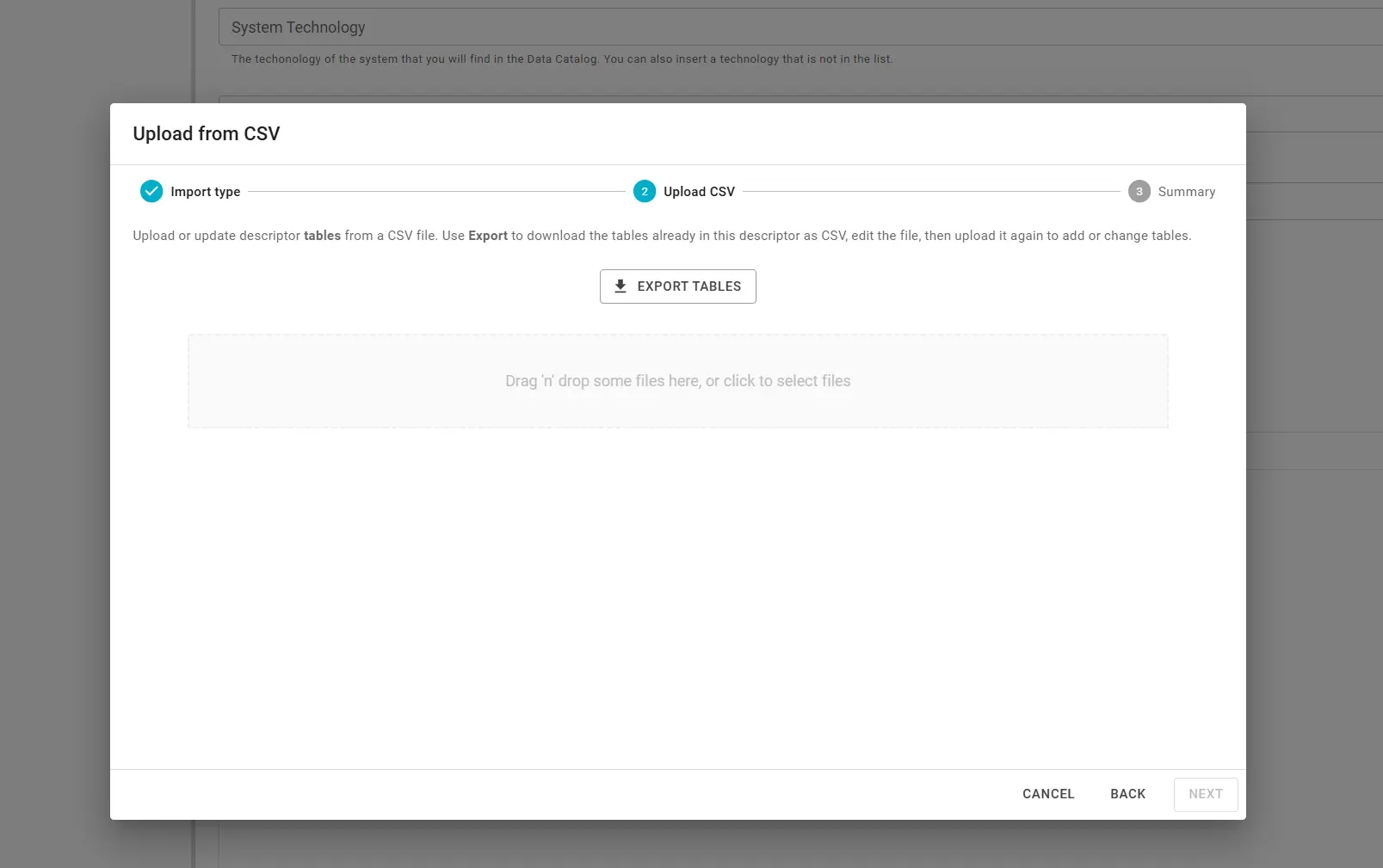 Upload from CSV — Export and file drop zone