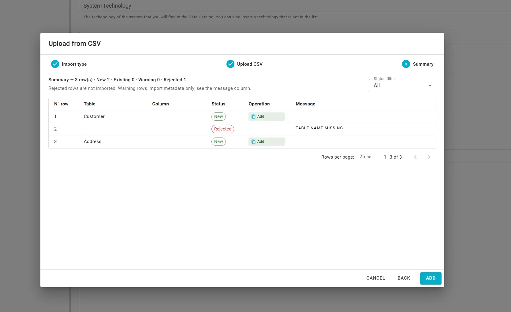 Upload from CSV — Summary with status and messages