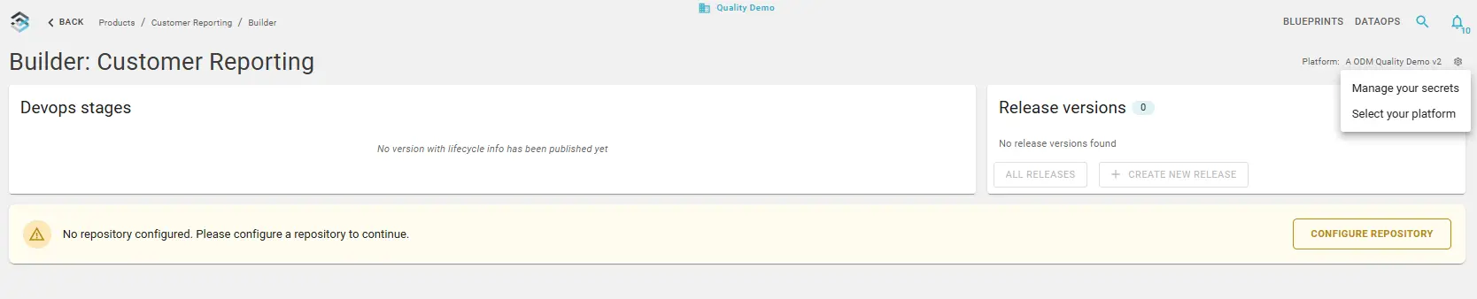 Manage your secrets in the Platform dropdown