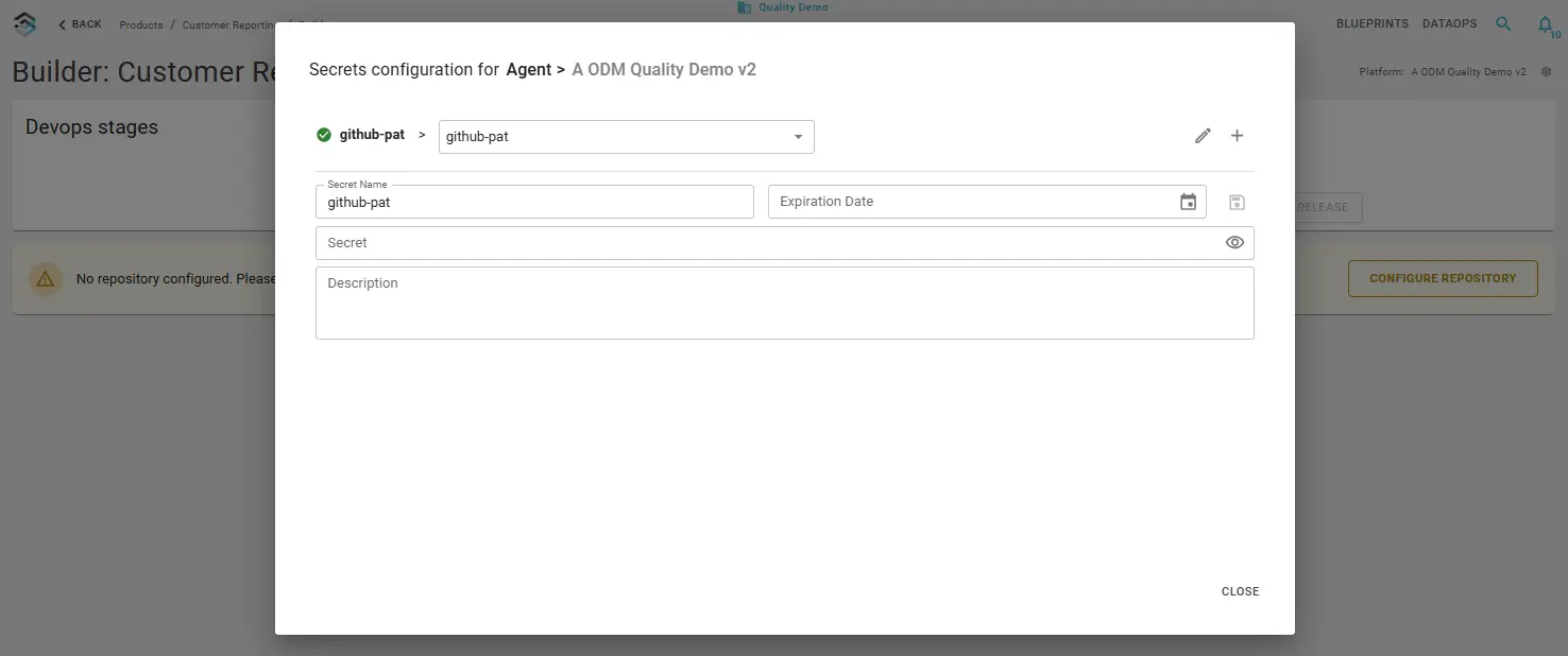 Secrets configuration modal for Git provider token