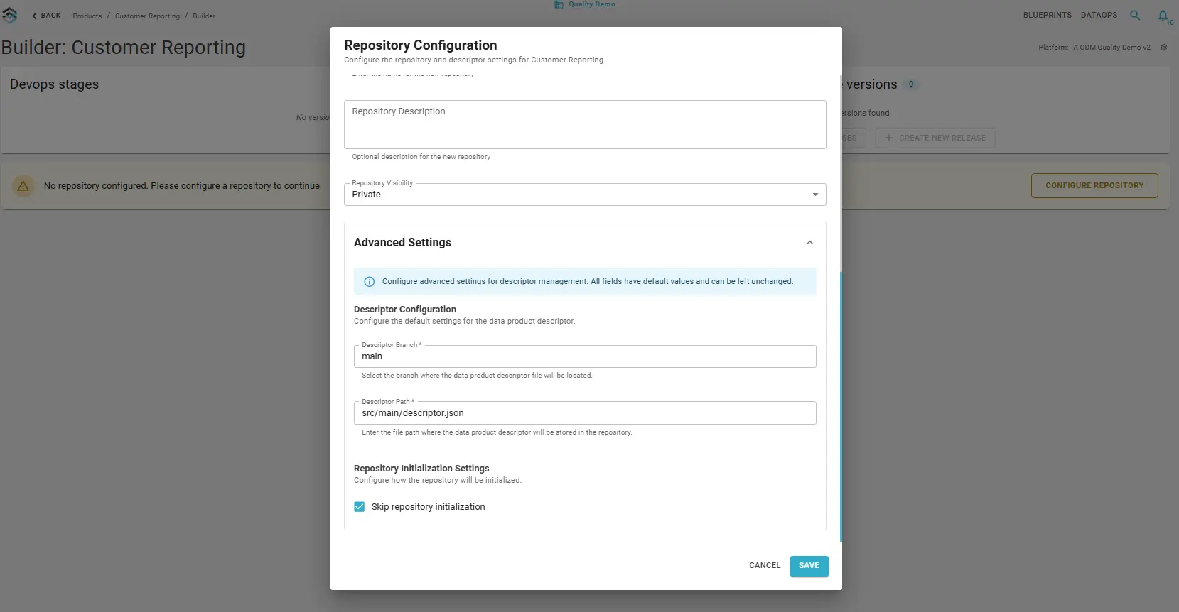 Advanced configuration – descriptor branch, path, skip initialization