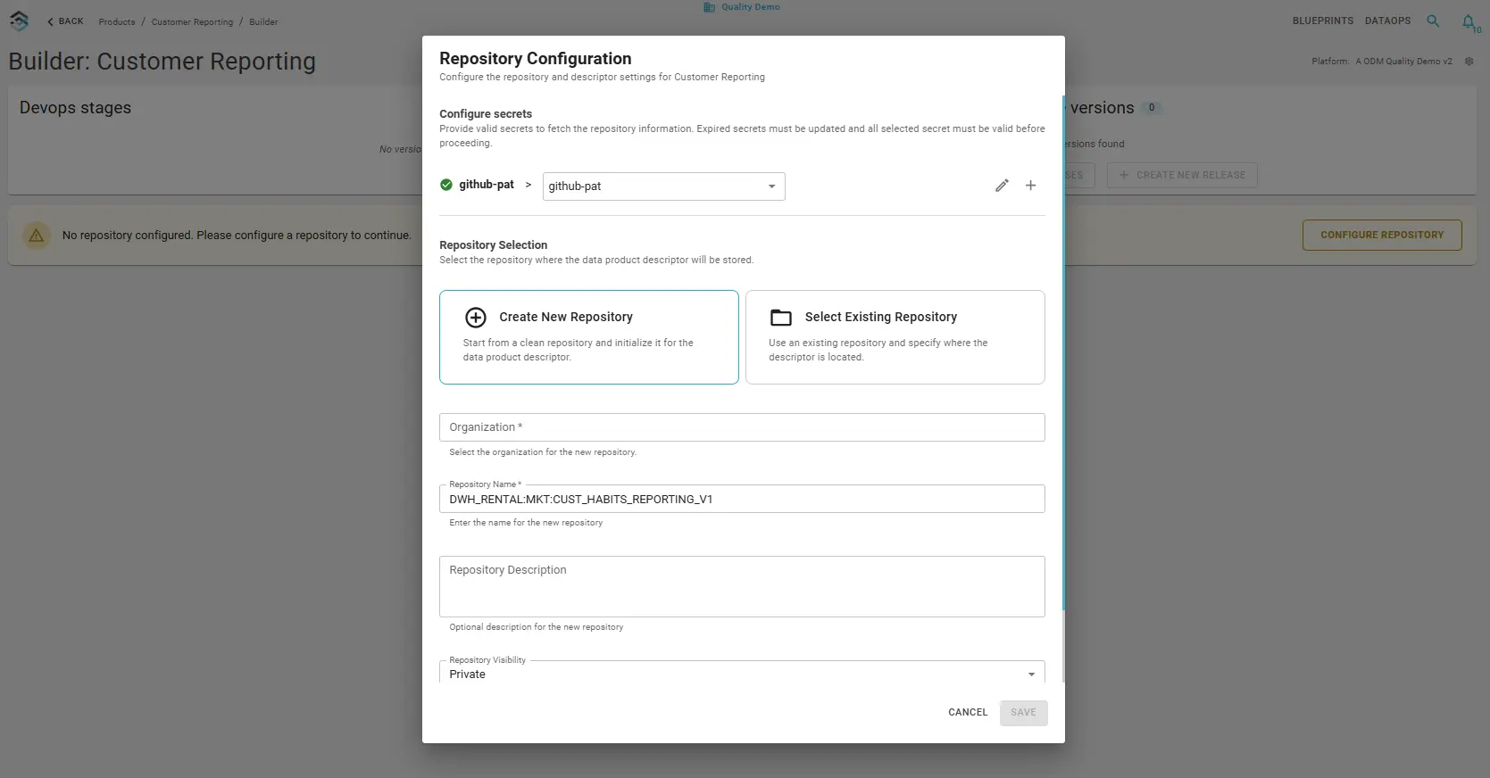 Repository Configuration modal – create new or select existing