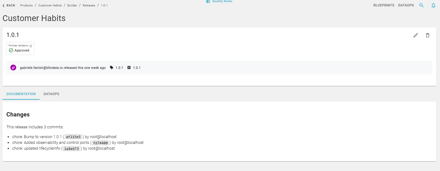 Version detail with documentation tab