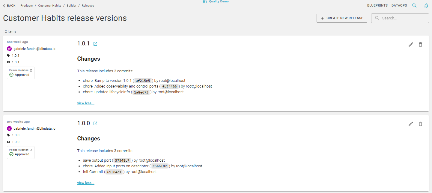 Release versions list with changelog