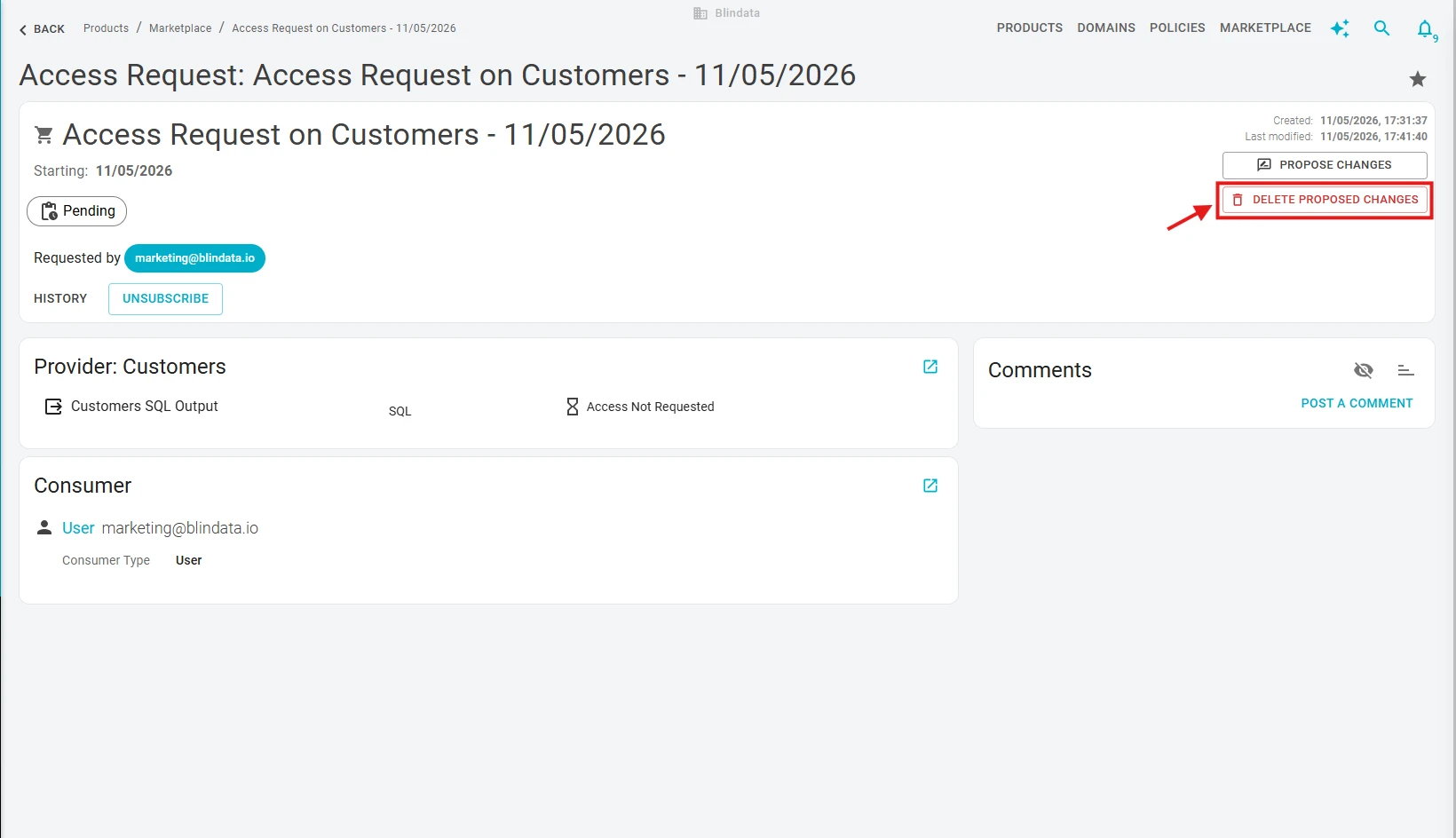 Delete proposed changes button