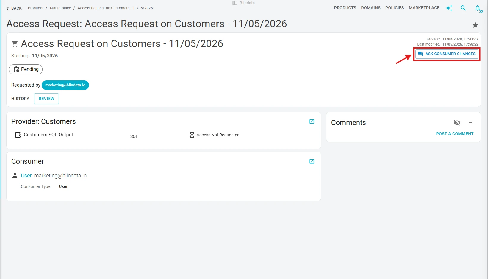 Ask consumer changes button