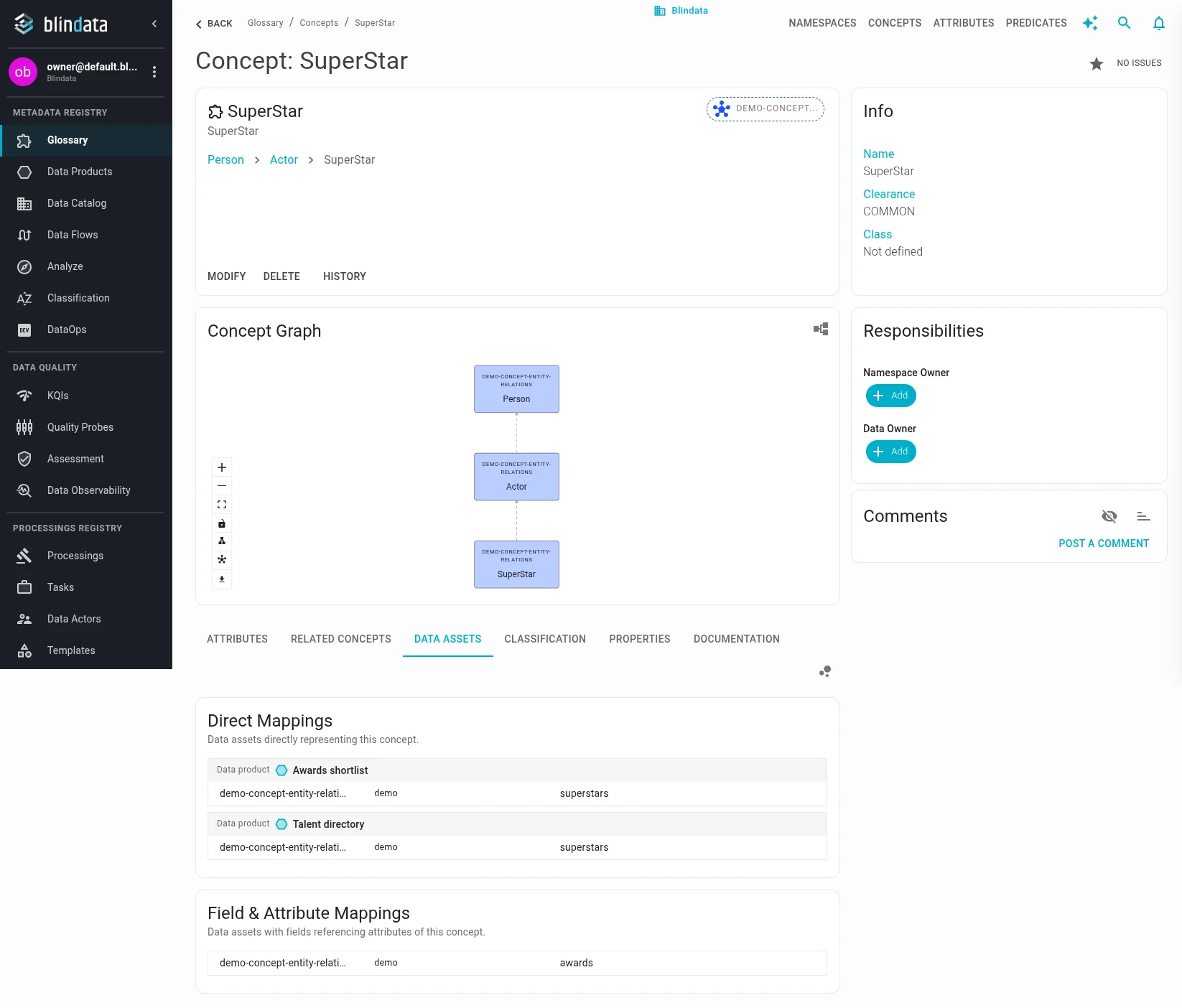 SuperStar Data Assets tab: superstars under two data products, and awards as a field mapping